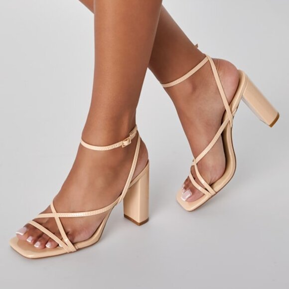 Lulus Makennaa Light Nude Strappy High Heel Ankle Strap Sandals Beige - Size 7.5 - Picture 1 of 1
